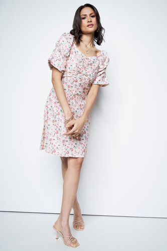 Cream And Red Floral Flared Dress, Cream, image 2